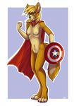  anthro areola armpits breasts canine cape clothing collar ear_piercing eyewear female glasses kellwolfik mammal navel nipples nude piercing pussy shield simple_background smile solo standing 