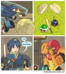  ambiguous_gender bad_pun bob-omb cape clothed clothing comic dialogue english_text facepalm female fire fully_clothed human koopa_shell male mammal marth metroid nintendo samus_aran speech_bubble super_smash_bros text tumblr video_games yayster_(artist) 