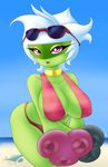  2016 absurd_res alternate_color anthro anthrofied beach bent_over big_breasts bikini bra breasts clothed clothing day english_text eyewear female flora_fauna green_skin hair half-closed_eyes hi_res huge_breasts latiar looking_at_viewer nintendo nipple_bulge open_mouth outside plant pok&eacute;mon pok&eacute;morph purple_eyes roserade sand seaside shiny_pok&eacute;mon sky solo sunglasses swimsuit text tongue underwear video_games water watermark white_hair 