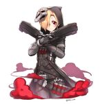  armor armored_dress belt blonde_hair claws commentary_request cosplay earrings gun hood idolmaster idolmaster_cinderella_girls jewelry mask mugcan overwatch reaper_(overwatch) reaper_(overwatch)_(cosplay) red_eyes shirasaka_koume short_hair shotgun skull_earrings smoke solo spiked_gauntlets transparent_background weapon 