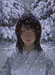  2016 absurdres artist_name asian brown_eyes brown_hair closed_mouth dated highres looking_at_viewer number original outdoors realistic snow snowing solo upper_body zennosuke 