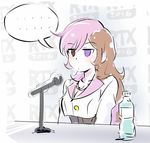  1girl 2016 blush bottle breasts brown_eyes cleavage expressionless heterochromia iesupa jewelry jitome long_hair md5_mismatch microphone microphone_stand multicolored_hair necklace neo_(rwby) purple_eyes roosterteeth rwby sitting solo spoken_ellipsis two-tone_hair upper_body water_bottle 