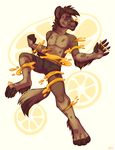  anthro clothed clothing gore half-closed_eyes hyena kellwolfik male mammal simple_background smile solo topless 