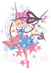  absurdres american_flag_dress american_flag_legwear blonde_hair character_name clownpiece clownpiece_(cosplay) cosplay fang flandre_scarlet full_body gla hair_between_eyes hat heart highres jester_cap laevatein looking_at_viewer open_mouth pantyhose polka_dot red_eyes red_footwear shoes short_sleeves simple_background smile solo standing standing_on_one_leg star star_print striped striped_legwear touhou wings 