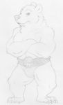  anthro barefoot bear belt clothed clothing crossed_arms english_text greyscale looking_at_viewer male mammal mizzyam monochrome muscular pencil_(artwork) solo standing text topless traditional_media_(artwork) wrestler 