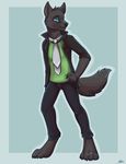 anthro canine clothed clothing kellwolfik male mammal necktie simple_background smile solo standing 