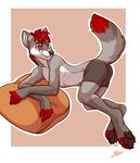  anthro bulge canine clothing fangs half-closed_eyes kellwolfik lying male mammal on_side pillow simple_background smile solo teeth underwear 