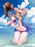  :o animal_ears bangs bare_legs bare_shoulders barefoot bent_over bikini bikini_skirt blue_hair blue_sky blush breasts brown_eyes choker cleavage cloud day erune eyebrows eyebrows_visible_through_hair eyelashes ferry_(granblue_fantasy) flower frills full_body granblue_fantasy groin hair_between_eyes halterneck hand_on_headwear hands_up hat hat_flower hat_ribbon hibiscus jewelry kneeling light_particles long_hair looking_at_viewer medium_breasts monikon13 navel ocean outdoors ribbon signature single_earring sky solo stomach straw_hat sunlight swimsuit thigh_gap very_long_hair water_drop wavy_hair yellow_flower 