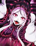  :d arms_up black_dress dress eyebrows_visible_through_hair fangs floating_hair frilled_dress frills from_above glowing glowing_eyes gothic_lolita hat lolita_fashion long_hair nyamota open_mouth overlord_(maruyama) red_eyes shalltear_bloodfallen silver_hair smile solo tongue tongue_out upper_body vampire 