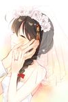  braid bridal_veil bride closed_eyes dress hair_flaps hair_ornament hair_over_shoulder hair_ribbon hand_on_another's_face hand_on_hand jewelry kantai_collection naoto_(tulip) out_of_frame remodel_(kantai_collection) ribbon ring shigure_(kantai_collection) side_braid single_braid smile solo_focus strapless strapless_dress veil wedding_band wedding_dress 