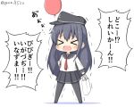  &gt;_&lt; 1girl akatsuki_(kantai_collection) anchor_symbol bag balloon black_legwear black_sailor_collar black_skirt chibi commentary_request eyes_closed flat_cap full_body goma_(yoku_yatta_hou_jane) hair_between_eyes hat kantai_collection long_hair lost_child neckerchief pantyhose pleated_skirt purple_hair red_neckwear sailor_collar school_uniform serafuku shopping_bag simple_background skirt solo standing translation_request white_background 