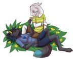  anthro asriel canine clothed clothing dragon duo female hybrid kellwolfik lagomorph male mammal rabbit simple_background smile white_background 