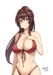  bad_anatomy bikini blush breasts brown_hair cleavage flower hair_flower hair_ornament hand_on_breast hayabusa highres kantai_collection large_breasts long_hair navel ponytail red_bikini red_eyes smile solo swimsuit twitter_username upper_body yamato_(kantai_collection) 