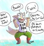  2016 anthro big_eyes boots brown_fur canine car_fox carfax clothed clothing crossover derp_eyes dialogue english_text footwear fox fox_mccloud fur headphones headset hi_res howsplendid humor male mammal nintendo open_mouth pants shirt signature solo speech_bubble spread_legs spreading star_fox teeth text tongue video_games white_fur 