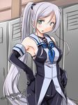  2016 alternate_hairstyle armpits bare_shoulders black_gloves blue_neckwear breasts commentary_request dated elbow_gloves eyebrows eyebrows_visible_through_hair gloves green_eyes kantai_collection large_breasts locker locker_room long_hair looking_at_viewer necktie pantyhose ponytail school_uniform serafuku sideboob silver_hair solo tatsumi_ray twitter_username umikaze_(kantai_collection) very_long_hair 