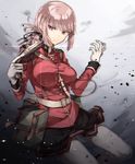  3: bag between_breasts braid breasts chibirisu fate/grand_order fate_(series) florence_nightingale_(fate/grand_order) gloves gun handgun highres large_breasts pantyhose pepper_box_revolver pink_hair pistol red_eyes satchel solo strap_cleavage weapon 