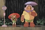  3boys blonde_hair bus_stop deku_link goron goron_link link multiple_boys multiple_persona nintendo parody pointy_ears rain the_legend_of_zelda the_legend_of_zelda:_majora&#039;s_mask tonari_no_totoro umbrella wafu_(wahoo) white_hair young_link 