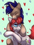  &lt;3 blue_hair cutie_mark duo earth_pony equine eyes_closed fan_characyer hair horn horse kellwolfik mammal my_little_pony pony red_hair simple_background smile unicorn 