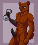  anthro balls bear erection kellwolfik looking_at_viewer male mammal muscular navel nipples scar simple_background smile solo 