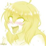  1girl ahegao blonde_hair blush cslucaris drooling eyes_rolled_back female naughty_face nude partially_colored rwby sexually_suggestive solo sweat tongue tongue_out white_background yang_xiao_long 
