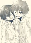  2boys brothers high_speed! kirishima_ikuya kirishima_natsuya male_focus memeo_(candy_house) monochrome multiple_boys open_mouth smile wink 