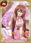  1girl all_fours breasts brown_hair card_(medium) dress female foot glasses green_eyes ikkitousen large_breasts legs long_hair looking_at_viewer ryuubi_gentoku shiny_skin skirt smile solo 