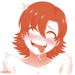  1girl ahegao blush cslucaris drooling eyes_rolled_back female monochrome naughty_face nora_valkyrie nude rwby sexually_suggestive solo spot_color sweat tongue tongue_out white_background 