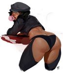  angel_(kof) angel_(kof)_(cosplay) ass atlantis:_the_lost_empire audrey_ramirez bent_over black_panties brown_eyes bubble_blowing cabbie_hat chaps chewing_gum cosplay cropped_jacket cropped_legs dark_skin disney eyebrows from_behind hat hat_over_one_eye lips lipstick long_hair looking_at_viewer looking_back makeup midriff panties redblacktac sleeves_pushed_up solo the_king_of_fighters thighs underwear wide_hips 