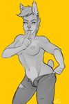  2016 abs anthro arched_back areola armpits athletic bedroom_eyes biceps big_breasts breasts canine cheeky clothed clothing cropped_tail digital_media_(artwork) dobereman doberman dog ear_piercing facial_markings female fur grey_fur greyscale hair half-closed_eyes invalid_color looking_at_viewer maja maja_(zebrapie) mammal markings mohawk monochrome muscular nipples piercing pointy_ears removing_pants seductive short_hair simple_background slim smile solo striptease tattoo topless undressing unzipped white_fur zebrapie zip 