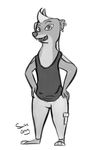  2016 anthro clothed clothing digital_media_(artwork) ear_piercing female flat_chested fur happy honey_(zootopia) honey_badger looking_at_viewer mammal monochrome mustelid pants piercing saine_grey shirt simple_background smile solo teeth white_background 