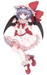  bat_wings blue_hair bobby_socks center_frills closed_mouth fang fang_out full_body hat hat_ribbon highres mary_janes mob_cap pointy_ears red_eyes red_footwear red_ribbon remilia_scarlet ribbon shoes shone short_hair simple_background skirt skirt_set smile socks solo touhou white_background white_legwear white_skirt wings wrist_cuffs 