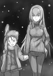  1girl age_difference alternate_costume bandaid bandaid_on_face blush bruise contemporary fate/grand_order fate/stay_night fate_(series) greyscale holding_hands injury jirusu lancer looking_down monochrome ribbed_sweater scarf scathach_(fate)_(all) scathach_(fate/grand_order) smile snowing sweater track_suit turtleneck weapon_bag younger 