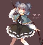 akayan animal_ears bad_id bad_pixiv_id black_dress capelet character_name commentary_request dowsing_rod dress feet_out_of_frame grey_hair grin highres jewelry long_sleeves looking_at_viewer mouse_ears mouse_tail nazrin pendant puffy_long_sleeves puffy_sleeves red_eyes short_hair smile socks solo tail touhou twitter_username white_legwear 
