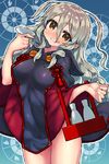  alternate_costume bottle cup grey_eyes grey_hair itsumo_nokoru kantai_collection long_hair pola_(kantai_collection) sakazuki saucer solo tokkuri 