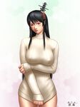  alternate_costume black_hair blush breast_hold breasts clothes_tug covered_nipples curvy fusou_(kantai_collection) headgear highres kantai_collection large_breasts lips long_hair naked_sweater red_eyes ribbed_sweater sidelocks solo sweater sweater_tug taikyokuturugi 