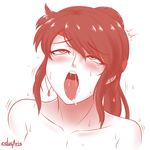  1girl ahegao blush cslucaris drooling eyes_rolled_back female monochrome naughty_face nude pyrrha_nikos rwby sexually_suggestive solo sweat tongue tongue_out white_background 