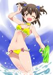  ;d battle_girl_high_school bikini blush_stickers breasts brown_eyes brown_hair dolphin_hair_ornament fang kanoe looking_at_viewer minami_hinata one_eye_closed open_mouth short_hair short_twintails small_breasts smile solo swimsuit twintails wading water water_gun yellow_bikini 
