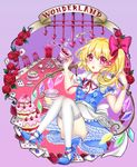  absurdres alice_(wonderland) alice_(wonderland)_(cosplay) alice_in_wonderland apron blonde_hair blue_dress blush cake card chair convenient_leg cosplay crystal cup dress english fang flandre_scarlet flower food full_body hair_ribbon highres lavender_background looking_at_viewer open_mouth pastel_(iero-guri-nn) puffy_sleeves red_eyes ribbon rose short_sleeves side_ponytail solo spoon sugar_bowl table teacup text_focus thighhighs tiered_tray touhou waist_apron white_legwear wings 