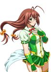  brown_hair fingerless_gloves glasses gloves green_eyes green_gloves hair_bobbles hair_ornament ikkitousen long_hair ryuubi_gentoku simple_background solo thighhighs white_background 