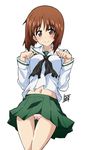  artist_name bangs blouse blush brown_eyes brown_hair crotch_seam girls_und_panzer green_skirt long_sleeves looking_at_viewer miniskirt navel neckerchief nishizumi_miho ooarai_school_uniform panties pantyshot pink_panties pleated_skirt ponpon school_uniform serafuku short_hair signature skirt smile solo standing thigh_gap underwear white_background white_blouse wind wind_lift 