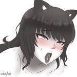  1girl ahegao blake_belladonna blush cslucaris drooling eyes_rolled_back female monochrome naughty_face nude rwby sexually_suggestive solo spot_color sweat tongue tongue_out white_background 