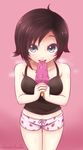  breasts cslucaris eating eyebrows_visible_through_hair food grey_eyes holding holding_food licking looking_at_viewer medium_breasts navel popsicle ruby_rose rwby solo tongue tongue_out tumblr_username 