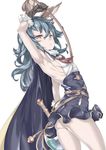  animal_ears arm_up armpits ass bangs black_cape black_gloves blue_hair blush breasts brown_eyes bunny_ears cape closed_mouth cowboy_shot ebifurya erune eyebrows eyebrows_visible_through_hair ferry_(granblue_fantasy) from_side frown gloves granblue_fantasy hair_between_eyes highres holding holding_whip long_hair looking_at_viewer ribs simple_background sleeveless small_breasts solo standing thighs wavy_hair whip white_background 