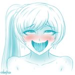  1girl ahegao blush cslucaris drooling eyes_rolled_back female monochrome naughty_face nude rwby sexually_suggestive solo spot_color sweat tongue tongue_out weiss_schnee white_background 