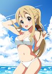  :o arm_up bangs bare_arms bikini blonde_hair blue_eyes blue_sky blush breasts chocolate cloud collarbone condensation_trail cowboy_shot day eyebrows food hand_behind_head head_tilt highres holding ice_cream k-on! kei_(0497) kotobuki_tsumugi long_hair looking_at_viewer medium_breasts navel ocean one_side_up open_mouth ponytail popsicle round_teeth side_ponytail sidelocks sky smile solo standing swimsuit teeth thick_eyebrows water white_bikini 