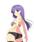  aoi_kasumi ass back bangs bikini blunt_bangs blush brand_name_imitation breasts butt_crack closed_mouth clothes_writing cowboy_shot eyebrows eyebrows_visible_through_hair from_behind from_side game_console halter_top halterneck hand_on_hip highres long_hair looking_at_viewer looking_back medium_breasts nintendo_64 original purple_eyes purple_hair ryo_mizuse simple_background smile solo swimsuit thighhighs white_background 