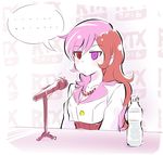  1girl 2016 blush bottle breasts brown_eyes cleavage expressionless heterochromia highres iesupa jewelry jitome long_hair medium_breasts microphone microphone_stand multicolored_hair necklace neo_(rwby) purple_eyes roosterteeth rwby sitting solo spoken_ellipsis two-tone_hair upper_body water_bottle 