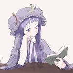 bangs blunt_bangs book chin_rest colored_eyelashes crescent english hat holding holding_book long_hair mob_cap motsuni_(artist) open_book patchouli_knowledge purple purple_eyes purple_hair purple_hat reading solo striped touhou vertical_stripes wide_sleeves 