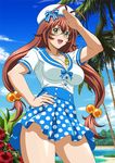  1girl bare_legs breasts brown_hair female glasses green_eyes ikkitousen legs long_hair looking_at_viewer ryuubi_gentoku sailor_hat salute shiny_skin sky smile solo water 