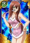  1girl breasts brown_hair card_(medium) female glasses green_eyes ikkitousen large_breasts long_hair looking_at_viewer ryuubi_gentoku smile solo wink 